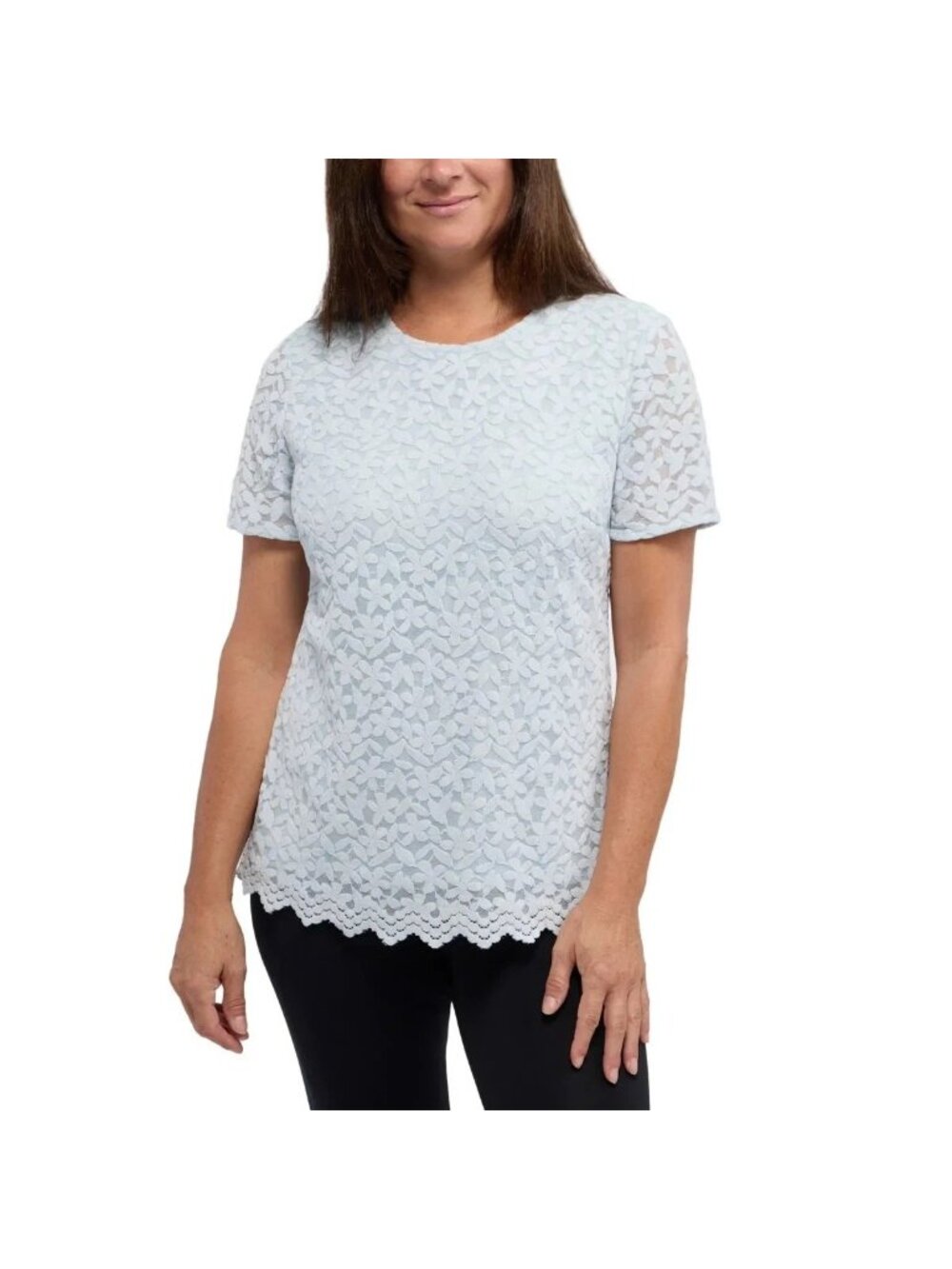 NWT Teddi Rose Women's S Lace Top Light Blue Short Sleeve Scalloped Hem